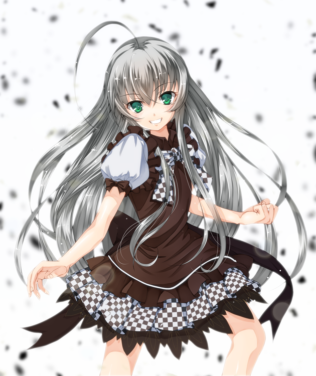 ahoge, amayofuu, blush, checkered, checkered_skirt, green_eyes, haiyore!_nyaruko-san, huge_ahoge