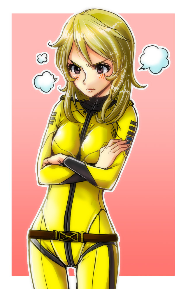 1k, angry, blonde_hair, blush, bodysuit, brown_eyes, crossed_arms, mori_yuki