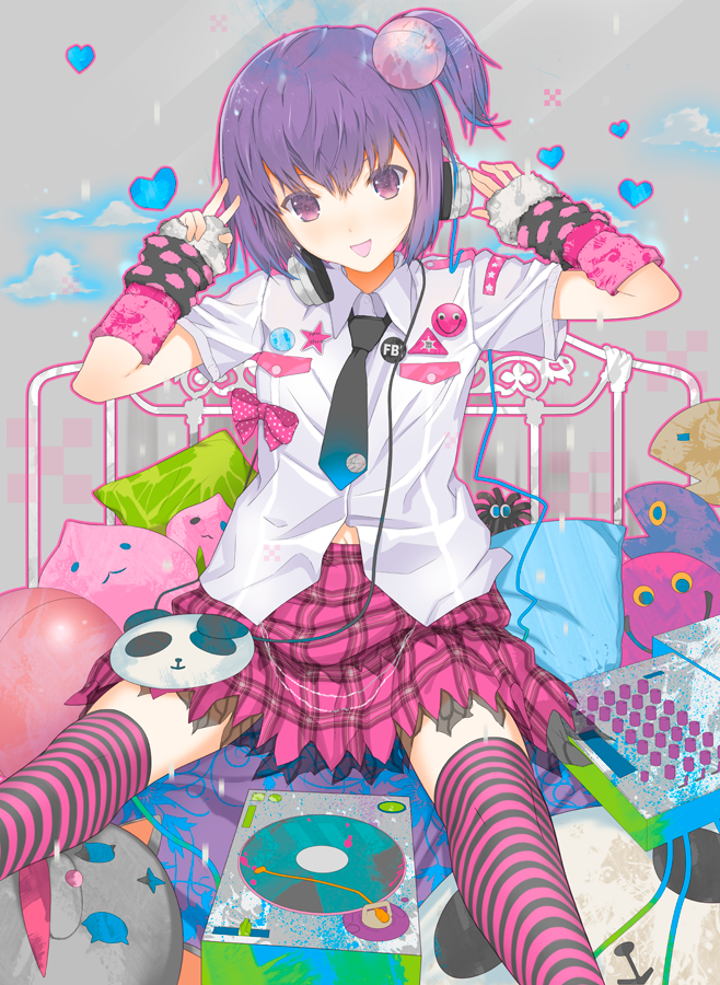 :d, badge, bed, detached_sleeves, fuyuno_haruaki, headphones, heart, momochi_minami