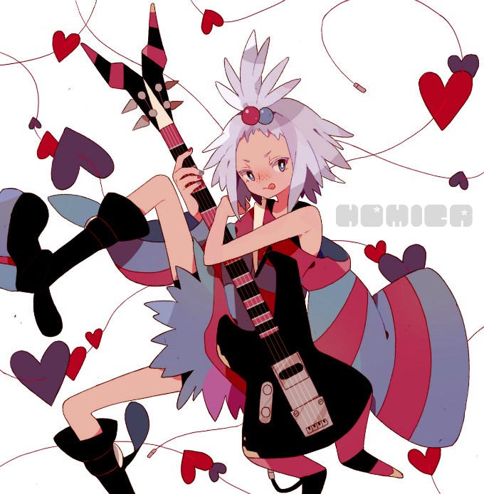 66, bad_id, blue_eyes, boots, dress, guitar, gym_leader, hair_bobbles, hair_ornament, heart, homika_(pokemon), instrument, minidress, nintendo, platform_footwear, pokemon, pokemon_(game), pokemon_bw2, short_hair, striped, striped_dress, striped_shirt, topknot, white_hair