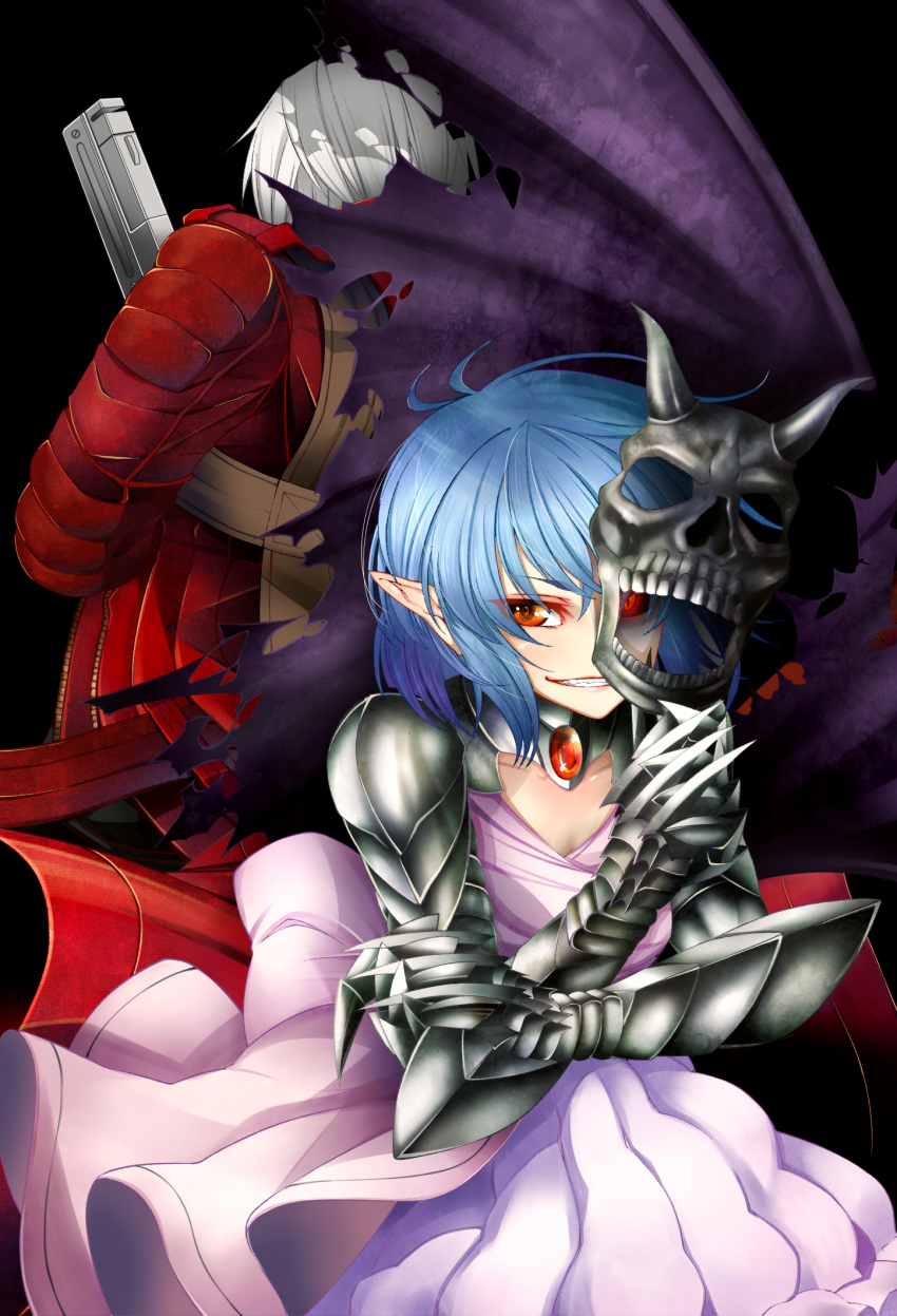 1girl, alternate_costume, armor, bad_id, bat_wings, blue_hair, brooch, dante