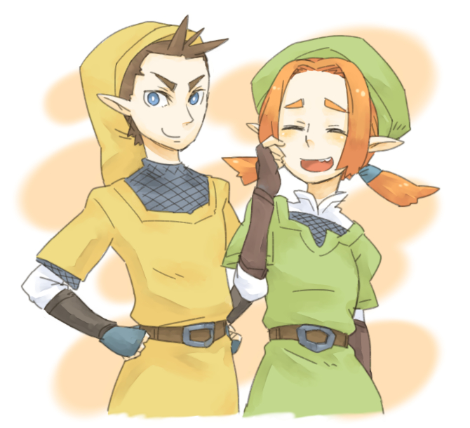>:), 1girl, ^_^, belt, beret, blue_eyes, brown_hair, chainmail