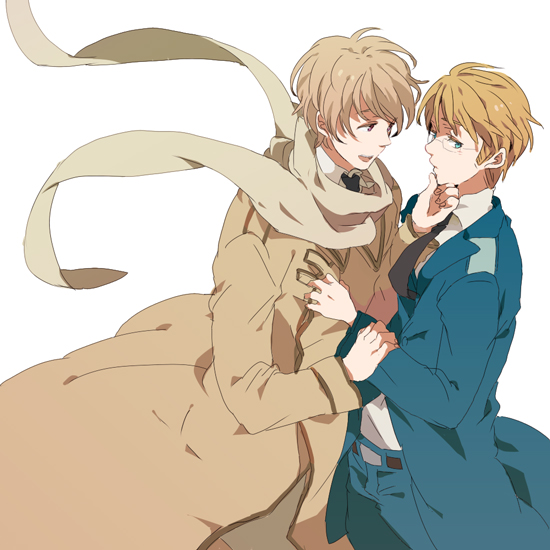 aqua_eyes, axis_powers_hetalia, blonde_hair, camelot, coat, estonia_(hetalia), glasses, hand_on_chin