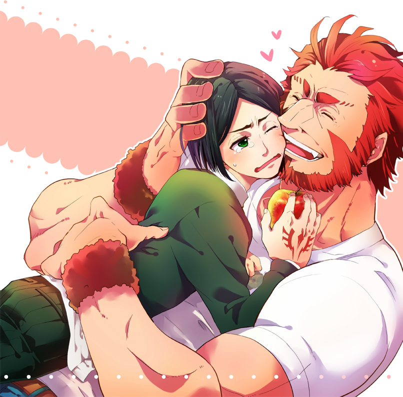 apple, beard, black_hair, casual, command_spell, facial_hair, fate/zero, fate_(series)