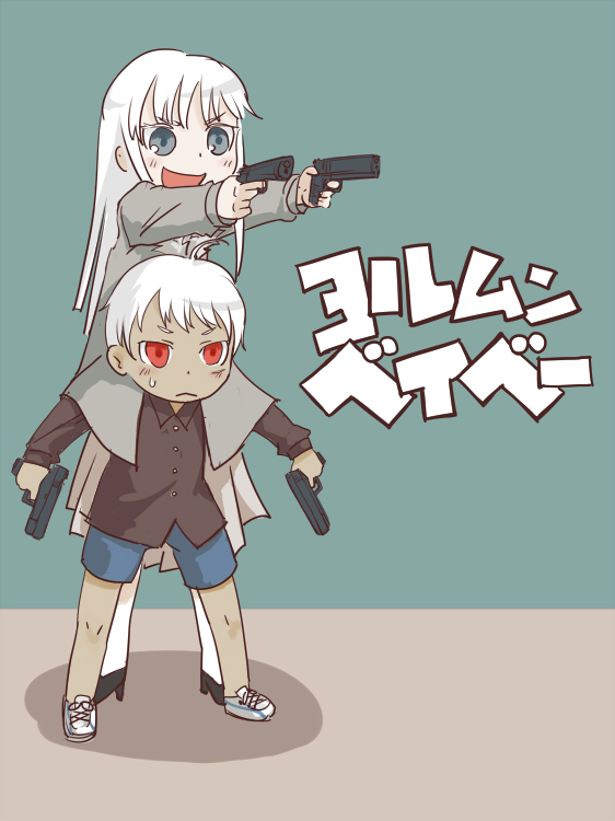 1girl, dual_wielding, gun, high_heels, johnathan_mar, jormungand, kill_me_baby, koko_hekmatyar, parody, pistol, plus-kitsch, red_eyes, seiyuu_connection, shoes, silver_hair, smile, sweatdrop, tamura_mutsumi, weapon