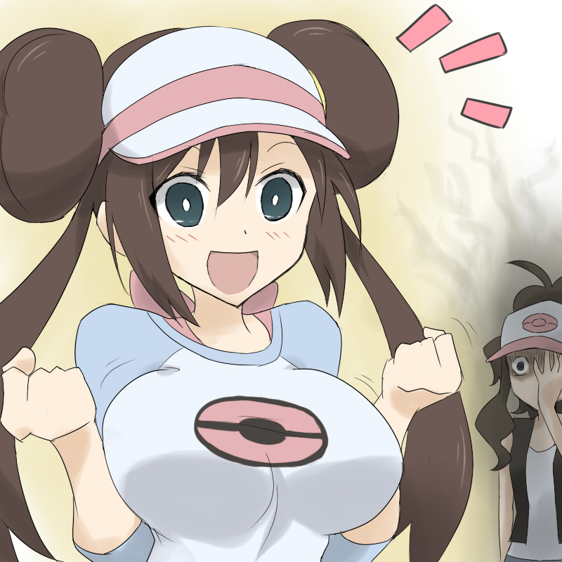 :d, blue_eyes, breast_envy, breasts, brown_hair, cleavage, double_bun, female_protagonist_(pokemon_bw2)