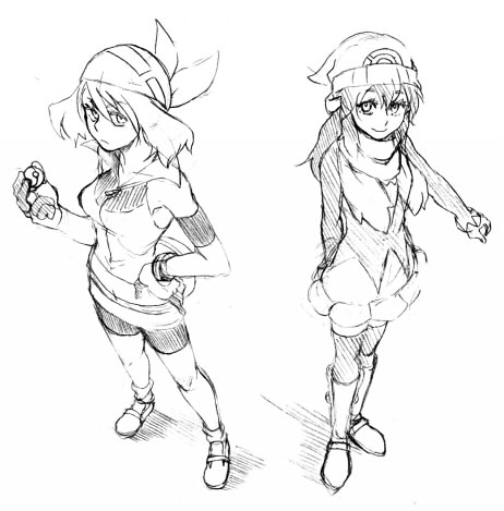 bandana, bandanna, from_above, gloves, haruka_(pokemon), hat, hikari_(pokemon), holding