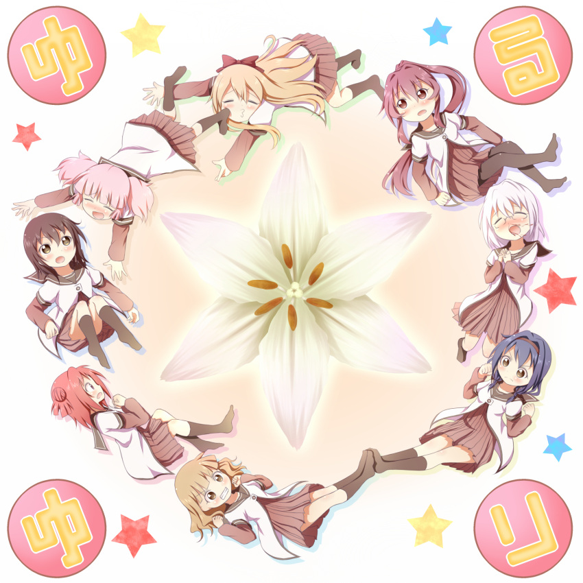 :d, akaza_akari, black_hair, black_legwear, blonde_hair, blood, blue_hair, blush, bow, double_bun, everyone, flower, funami_yui, furutani_himawari, gggrande, glasses, hair_bobbles, hair_bow, hair_bun, hair_intakes, hair_ornament, hairband, highres, ikeda_chitose, long_hair, multiple_girls, nosebleed, o3o, oomuro_sakurako, open_mouth, pantyhose, pink_hair, puckered_lips, purple_hair, red_hair, redhead, school_uniform, serafuku, short_hair, silver_hair, smile, star, sugiura_ayano, toshinou_kyouko, tsundere, twintails, yoshikawa_chinatsu, yuru_yuri