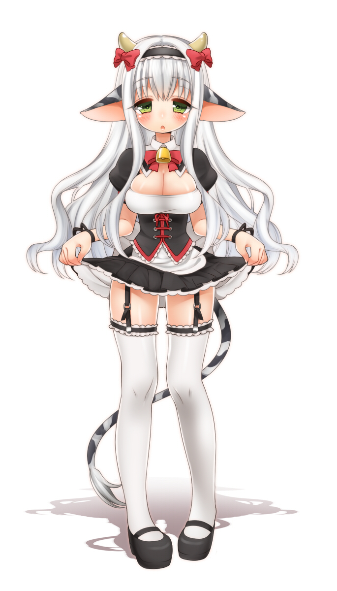 animal_ears, apron, bell, blush, breasts, cleavage, cow_ears, cow_girl