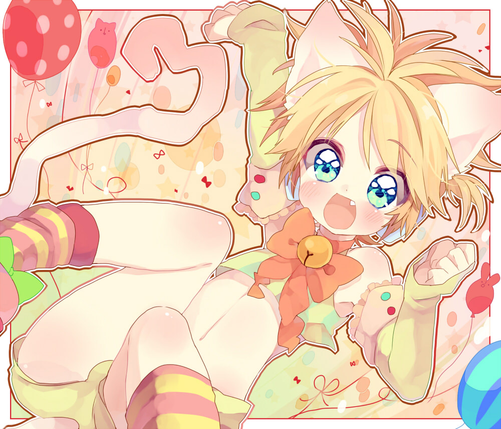 animal_ears, blonde_hair, blue_eyes, cat_ears, detached_sleeves, hyerry, kagamine_len, male