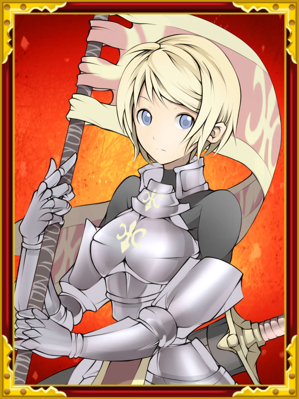 armor, blonde_hair, blue_eyes, flag, gauntlets, highres, jeanne_d'arc_(sengoku_collection), jeanne_d'arc_(sengoku_collection)