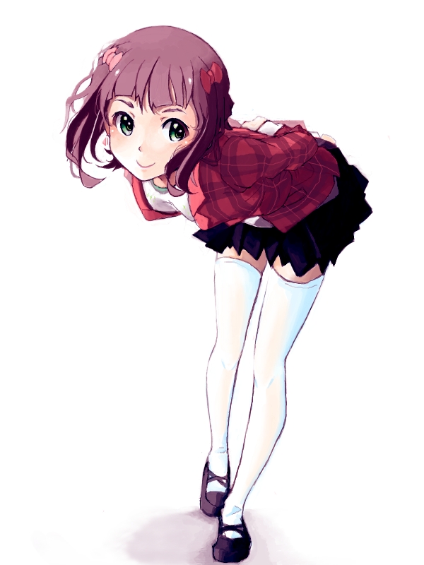 amami_haruka, bent_over, bow, brown_hair, green_eyes, hair_bow, idolmaster, leaning