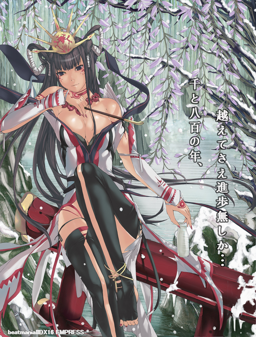 bangs, beatmania, beatmania_iidx, black_hair, breasts, cleavage, facial_mark, flower, hair_rings, highres, himiko_(beatmania), magatama, nyami, sitting, snow