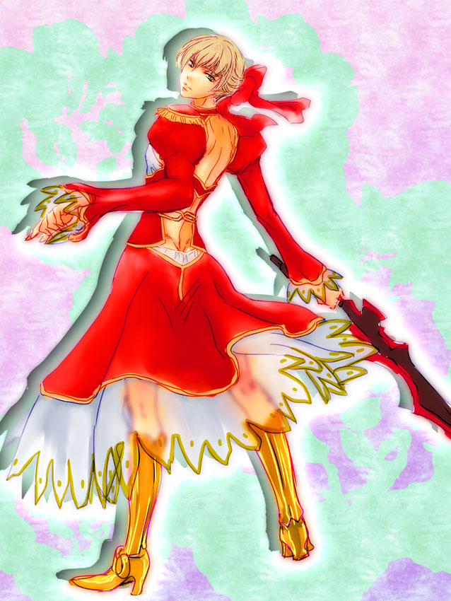 1boy, aestus_estus, barnaby_brooks_jr, blonde_hair, cosplay, dress, epaulettes, fate/extra