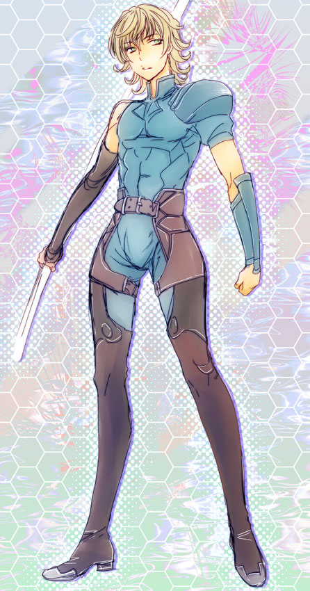 barnaby_brooks_jr, blonde_hair, chaps, cosplay, fate/zero, fate_(series), green_eyes, honeycomb_background