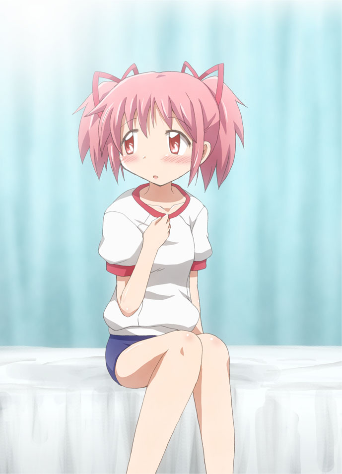 blush, buruma, gym_uniform, hair_ribbon, kaname_madoka, mahou_shoujo_madoka_magica, pink_eyes, pink_hair