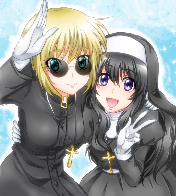 aqua_eyes, black_hair, blonde_hair, blush, breasts, cross, glasses, gloves