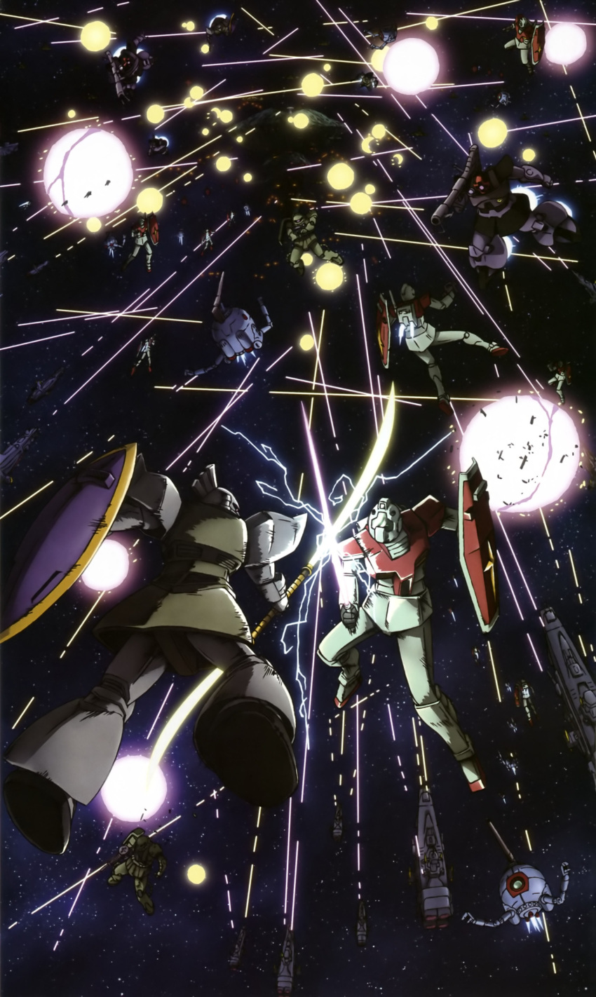 70s, 80s, absurdres, ball_(gundam), battle, earth_federation, energy_sword, epic