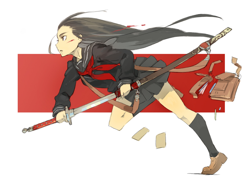 black_hair, black_legwear, blood, blood_on_face, cutting, holding, katana, kneehighs