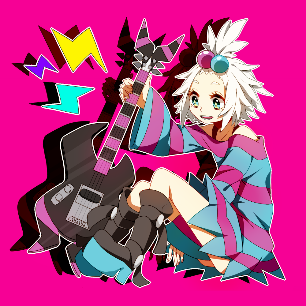 1girl, bass_guitar, blue_eyes, boots, dress, eringi, guitar, gym_leader