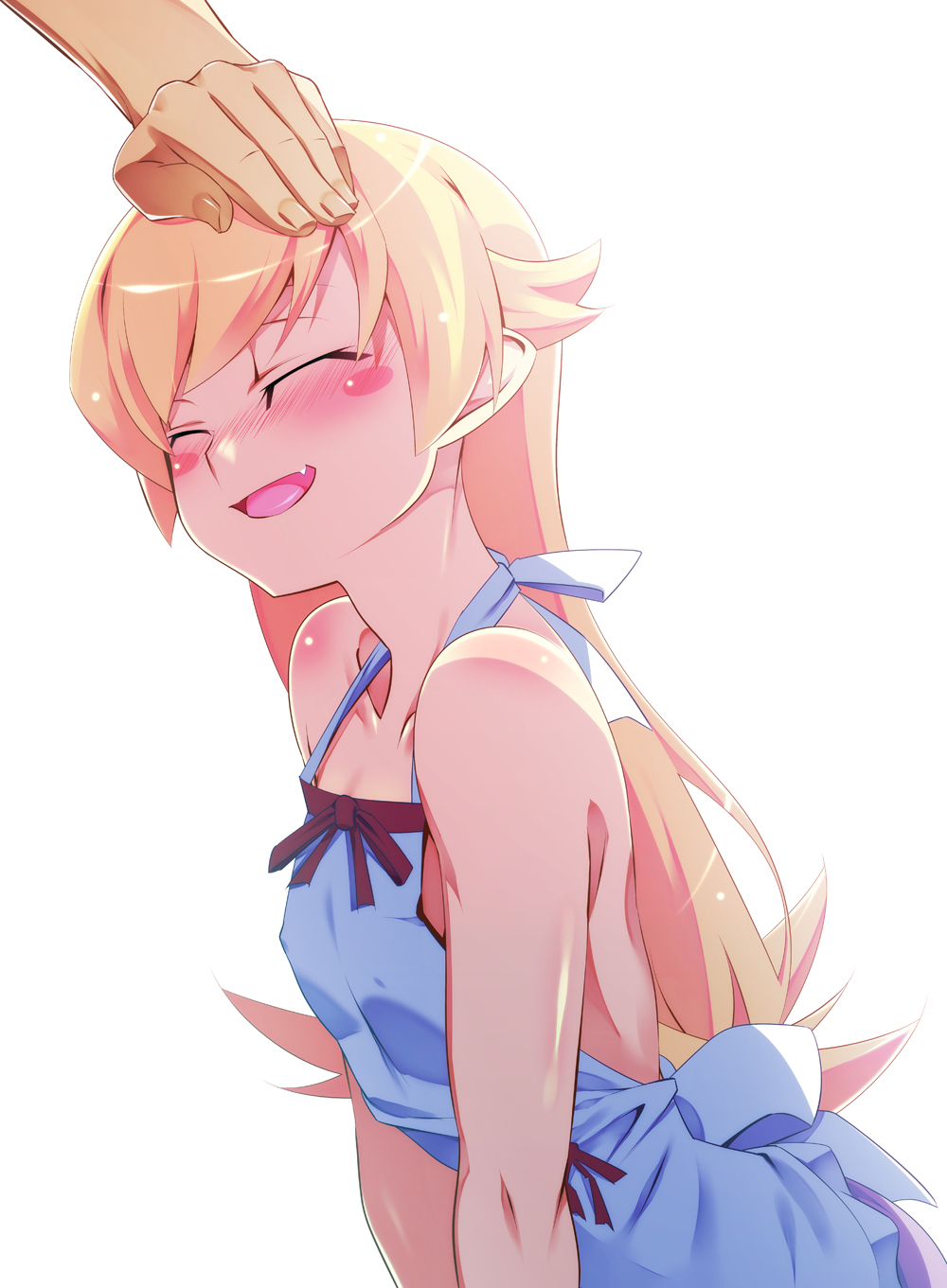 1girl, bakemonogatari, bare_back, blonde_hair, blush, blush_stickers, closed_eyes, collarbone