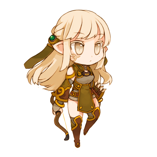 arrow, blonde_hair, bow_(weapon), chibi, elf, grey_eyes, holding, long_hair