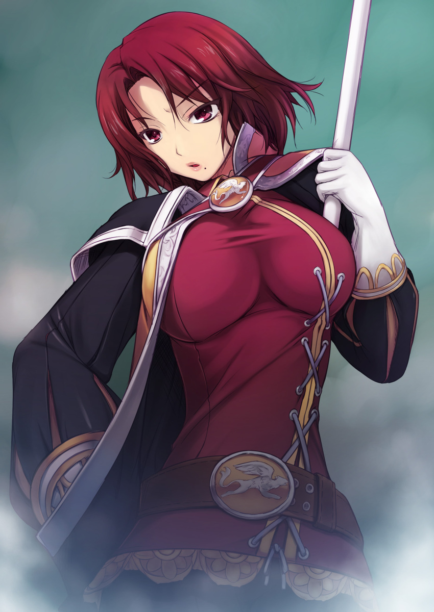 1girl, alternate_costume, amei_sumeru, belt, breasts, gloves, griffin, hand_on_hip