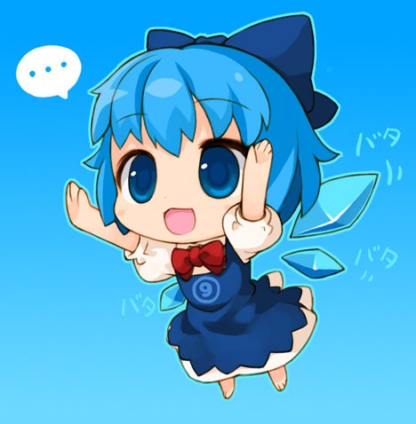 ⑨, 1girl, :d, ?, blue_background, blue_eyes, blue_hair, chibi