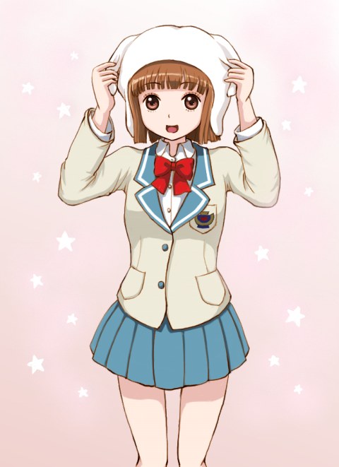 ai_hoshimiya, akihisa201, blazer, bowtie, brown_eyes, brown_hair, hat, hoshimiya_ai, miniskirt_pirates, open_mouth, school_uniform, short_hair, skirt, solo