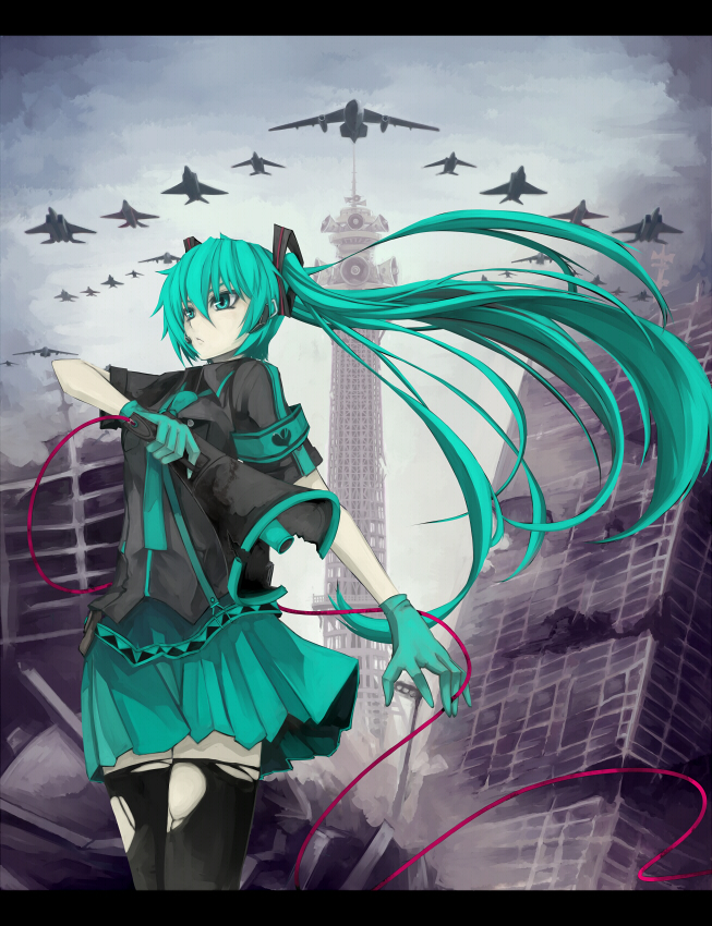 airplane, aqua_eyes, aqua_hair, f-15, f-16, f-4_phantom_ii, fighter_jet, gloves