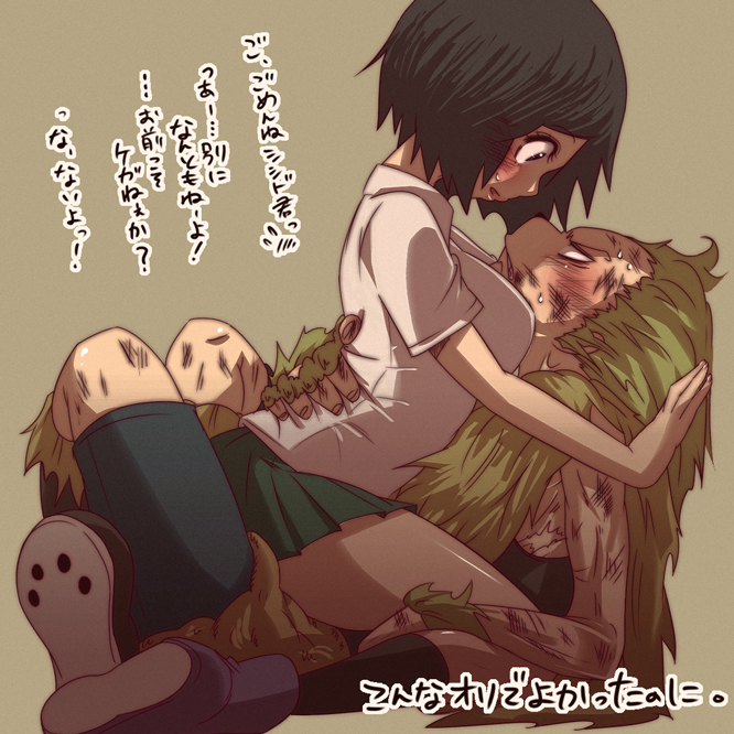 1boy, 1girl, akira_(valzerica), aoi_hana_(oumagadoki_doubutsuen), black_hair, blonde_hair, blush, bruise