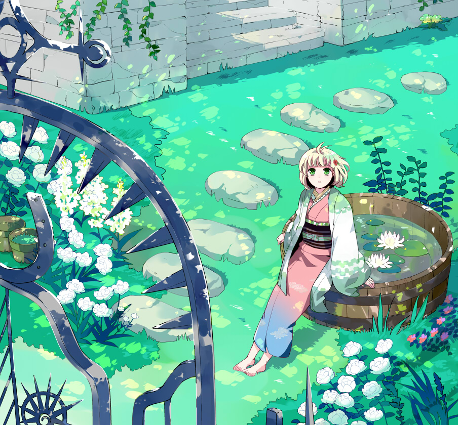ao_no_exorcist, barefoot, blonde_hair, bob_cut, feet, flower, garden, grass