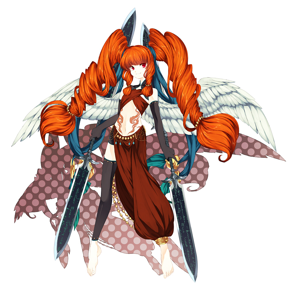 angel_wings, anklet, barefoot, bridal_gauntlets, curly_hair, feet, flat_chest, gloves