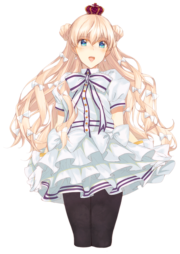 1girl, black_legwear, blonde_hair, blue_eyes, blush, bow, cropped_legs, double_bun, dress, earrings, eiyuu_senki, frilled_dress, frills, gloves, hair_bow, heart, heart-shaped_pupils, jewelry, king_arthur_(eiyuu_senki), long_hair, mini_crown, open_mouth, pantyhose, skirt, solo, symbol-shaped_pupils, wavy_hair, white_background