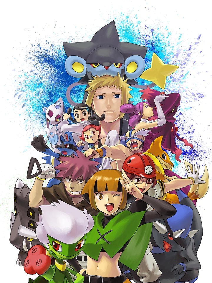 4boys, 4girls, :d, bastiodon, byron_(pokemon), candice_(pokemon), capelet, commentary_request