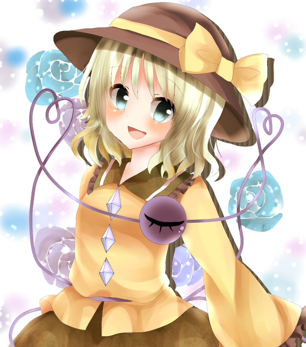 bad_id, blue_rose, blush, eyeball, flower, green_eyes, green_hair, hat, hat_ribbon, heart, komeiji_koishi, open_mouth, ribbon, riino_(konamonndaisuki), rose, skirt, smile, solo, sun_hat, third_eye, touhou