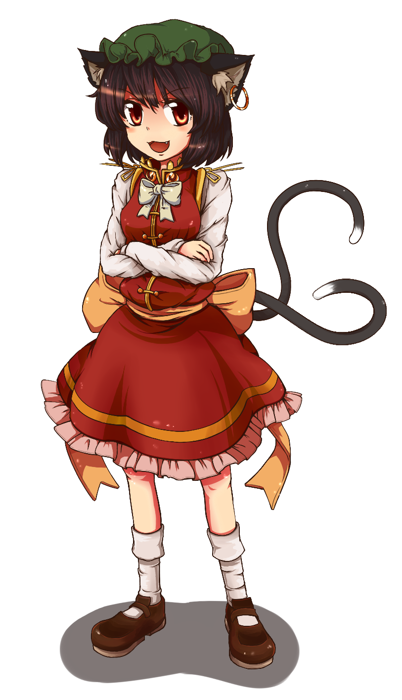 :3, animal_ears, breasts, brown_eyes, brown_hair, cat_ears, cat_tail, chen