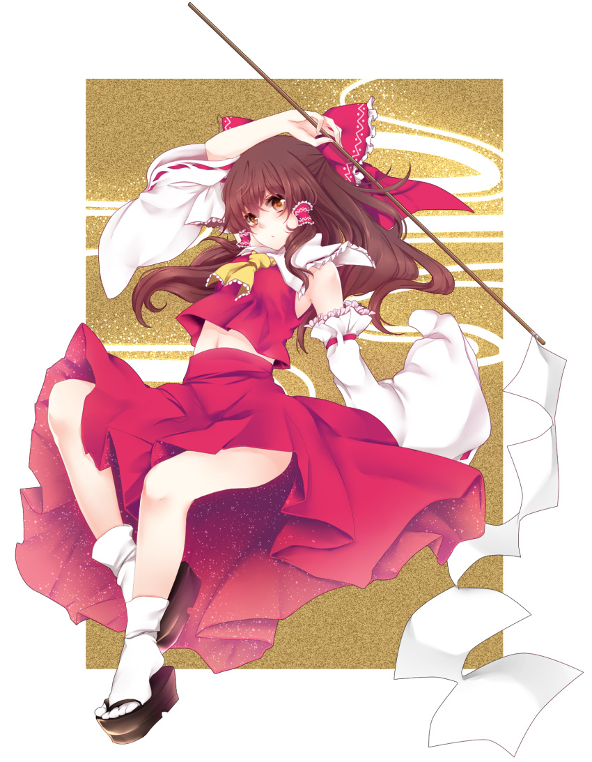 bare_shoulders, brown_eyes, brown_hair, detached_sleeves, hair_tubes, hakurei_reimu, highres, holding