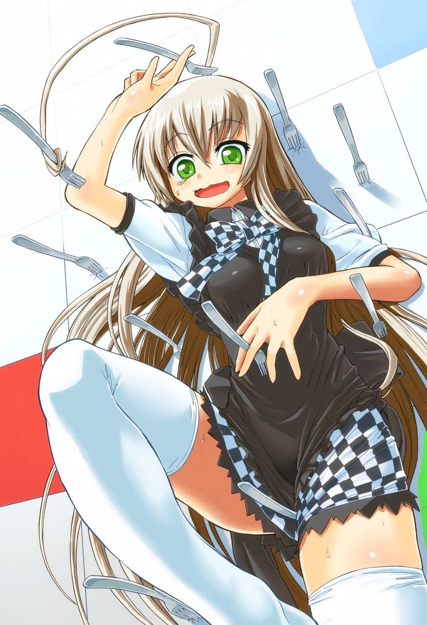 fork, green_eyes, haiyore!_nyaruko-san, highres, holding, holding_fork, nyarlathotep_(nyaruko-san), open_mouth