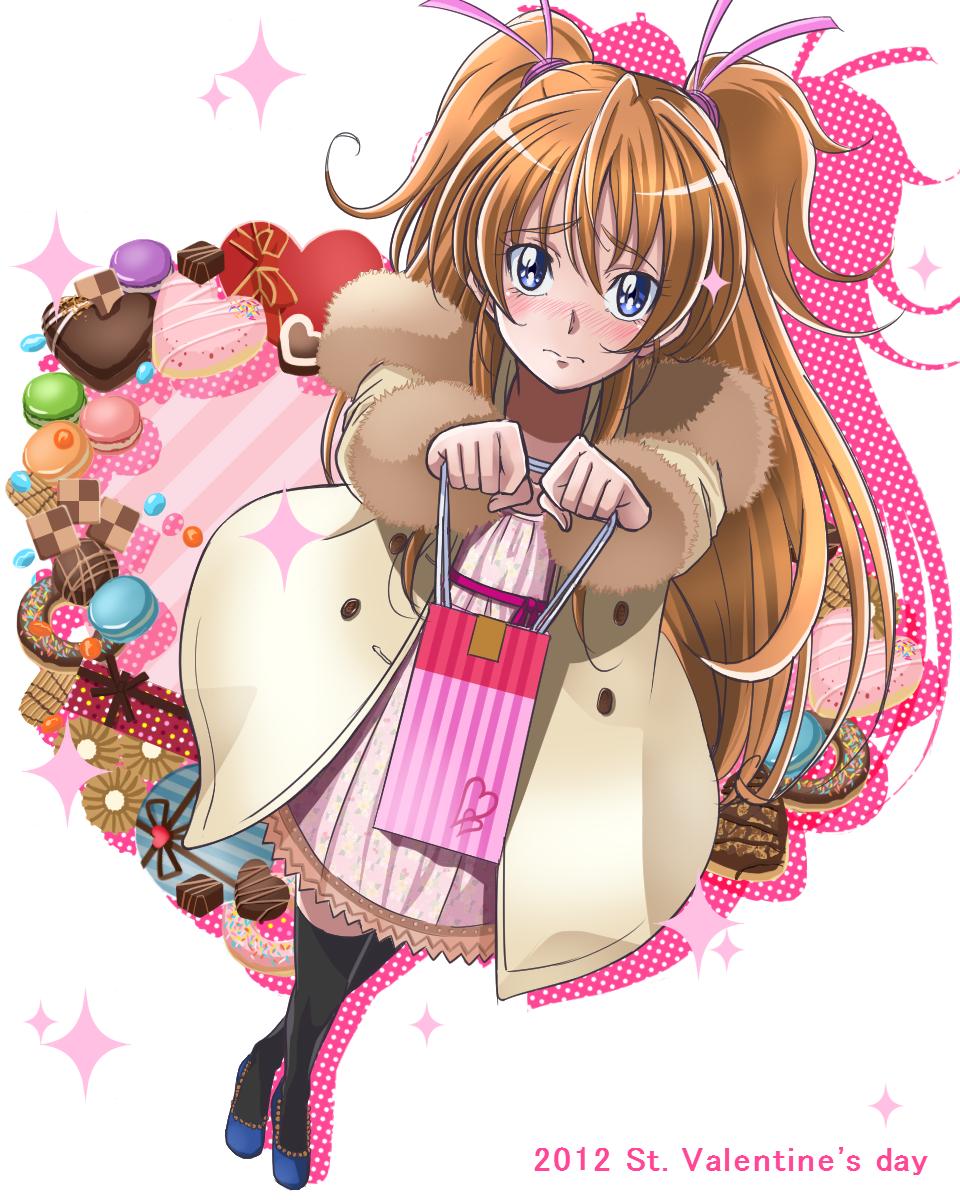 2012, black_legwear, blue_eyes, blush, brown_hair, candy, chocolate, coat