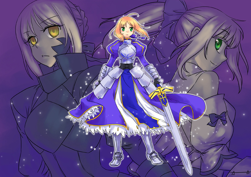 ahoge, armor, armored_dress, bare_shoulders, blonde_hair, bow, dark_persona, detached_sleeves, dress, excalibur, fate/stay_night, fate/unlimited_codes, fate_(series), gauntlets, glowing, glowing_eyes, green_eyes, hair_bow, hair_ribbon, herorororon, light_persona, long_hair, multiple_girls, multiple_persona, ponytail, ribbon, saber, saber_alter, saber_lily, sword, weapon, yellow_eyes