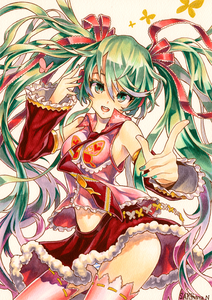 butterfly, detached_sleeves, green_eyes, green_hair, hair_ribbon, hatsune_miku, headphones, long_hair