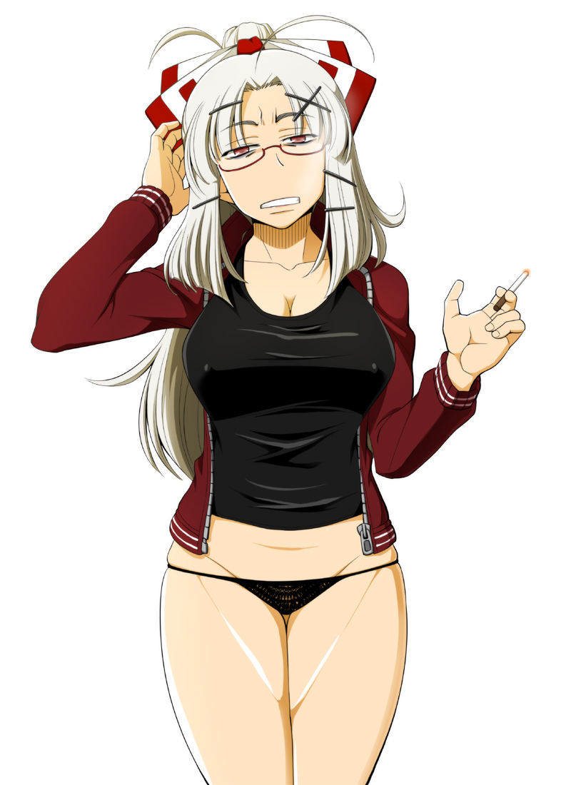 alternate_costume, azuman, bags_under_eyes, bangs, bespectacled, black_panties, bow, breasts, cigarette, cleavage, collarbone, contemporary, erect_nipples, fujiwara_no_mokou, glasses, hair_bow, hair_ornament, hair_ribbon, hairclip, head_tilt, hips, jacket, lingerie, long_hair, looking_at_viewer, lowleg, lowleg_panties, mound_of_venus, no_pants, panties, parted_bangs, ponytail, red_eyes, ribbon, simple_background, skindentation, solo, standing, straight_hair, t-shirt, taut_shirt, touhou, underwear, white_background, white_hair