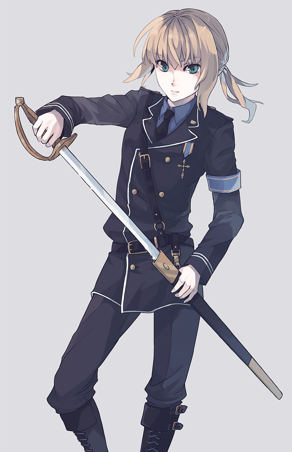 ahoge, aiguillette, blonde_hair, boots, fate/zero, fate_(series), green_eyes, highres
