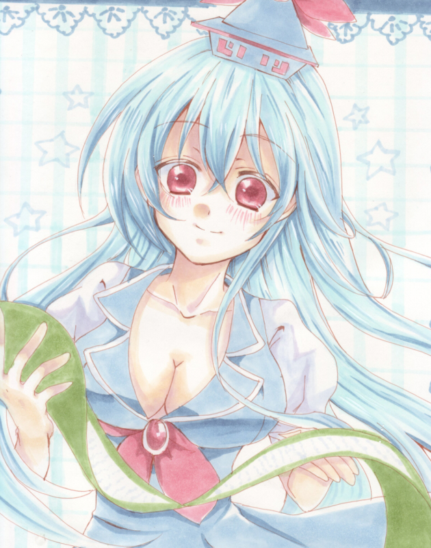 bad_id, blue_hair, blush, hat, kamishirasawa_keine, long_hair, marker_(medium), momoco88, red_eyes, scroll, smile, solo, touhou, traditional_media