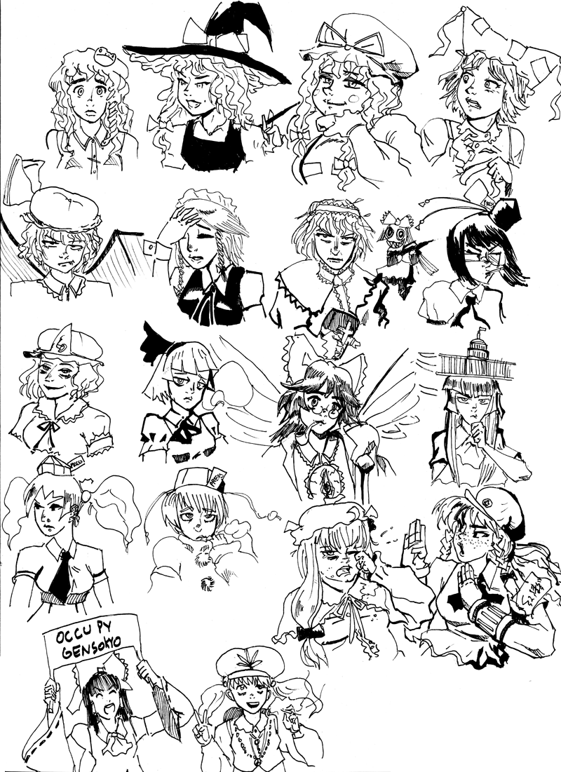 alternate_headwear, bespectacled, book, cigarette, drsunshine, freckles, glasses, gun, hakurei_reimu, hand_on_own_head, hat, himekaidou_hatate, hong_meiling, inubashiri_momiji, izayoi_sakuya, kamishirasawa_keine, kawashiro_nitori, kirisame_marisa, kiseru, kochiya_sanae, konpaku_youmu, konpaku_youmu_(ghost), monochrome, multiple_girls, object_on_head, patchouli_knowledge, pipe, reiuji_utsuho, remilia_scarlet, rifle, saigyouji_yuyuko, shameimaru_aya, shanghai_doll, sign, spectacles, touhou, v, weapon, wings, yakumo_ran, yakumo_yukari