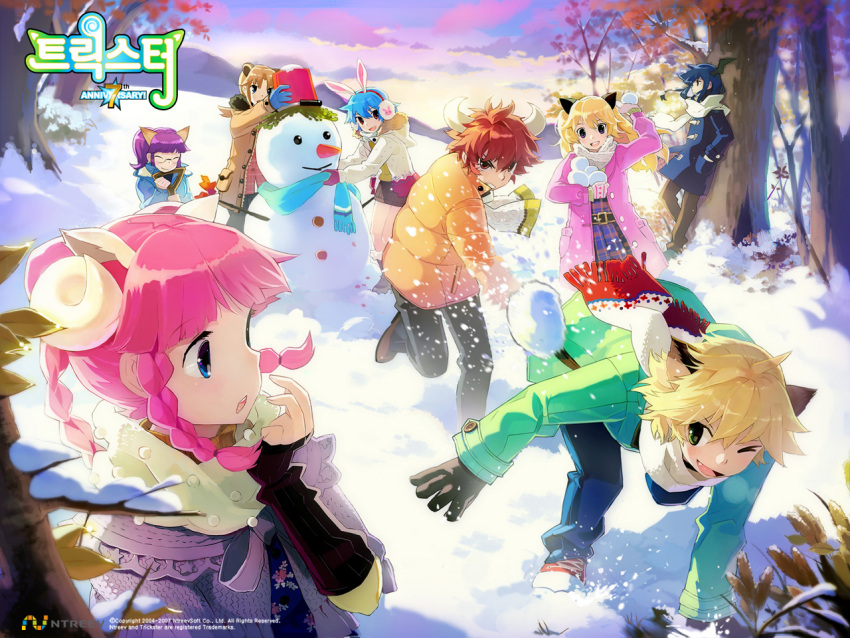 bangs, blonde_hair, blue_hair, blunt_bangs, boots, braid, buffalo_(trickster), bunny_(trickster)