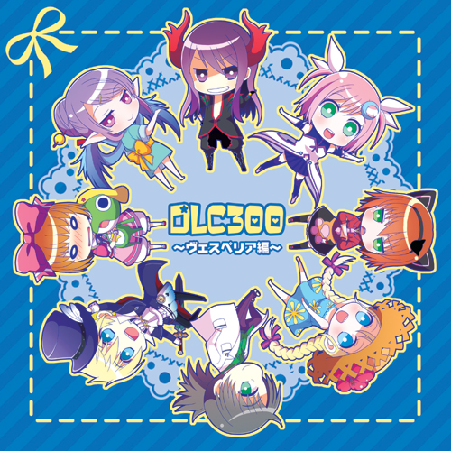 4girls, alternate_costume, blue_background, character_doll, chibi, circle_formation, company_connection, crossdressinging