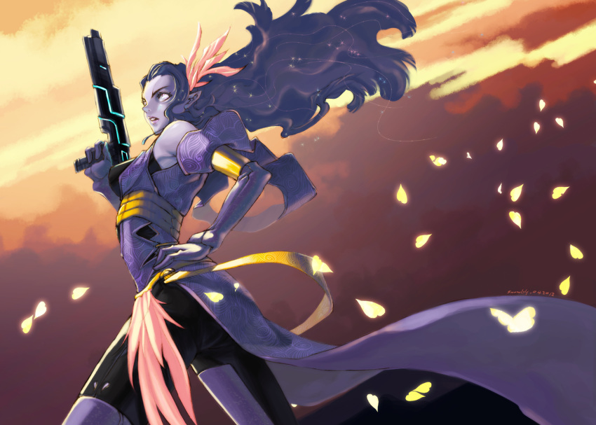 estlachesis0, gun, hand_on_hip, hips, long_hair, mass_effect, petals, pointy_ears