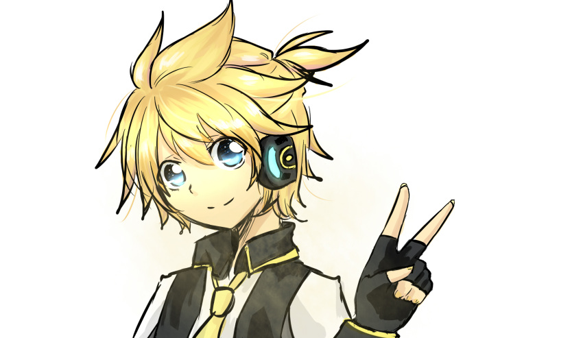 1boy, blonde_hair, blue_eyes, fingerless_gloves, gloves, glowing, headphones, kagamine_len